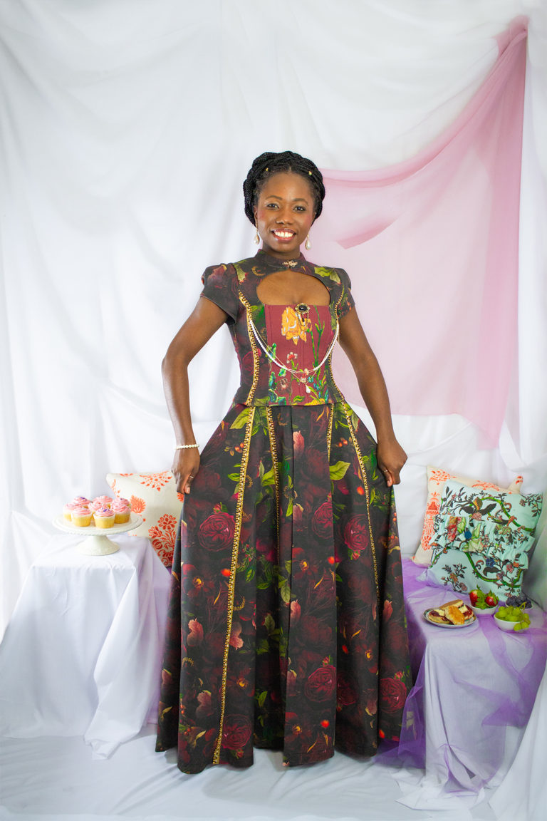Tammy Silver wearing a corset, skirt made with Spoonflower fabrics